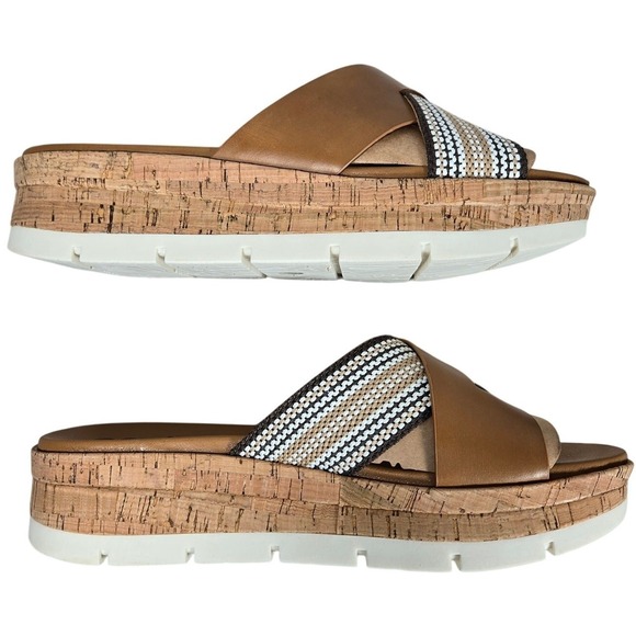 Earth Womens 11M etFINALE Wedge Platform Cork Sandals Brown Tan Beaded‎ Strap